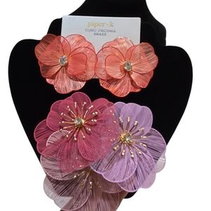 💕🔹️Piper K 🔹️pink  3D Flower Corsage Wire Cuff Blossom Earring  Bracelet Set